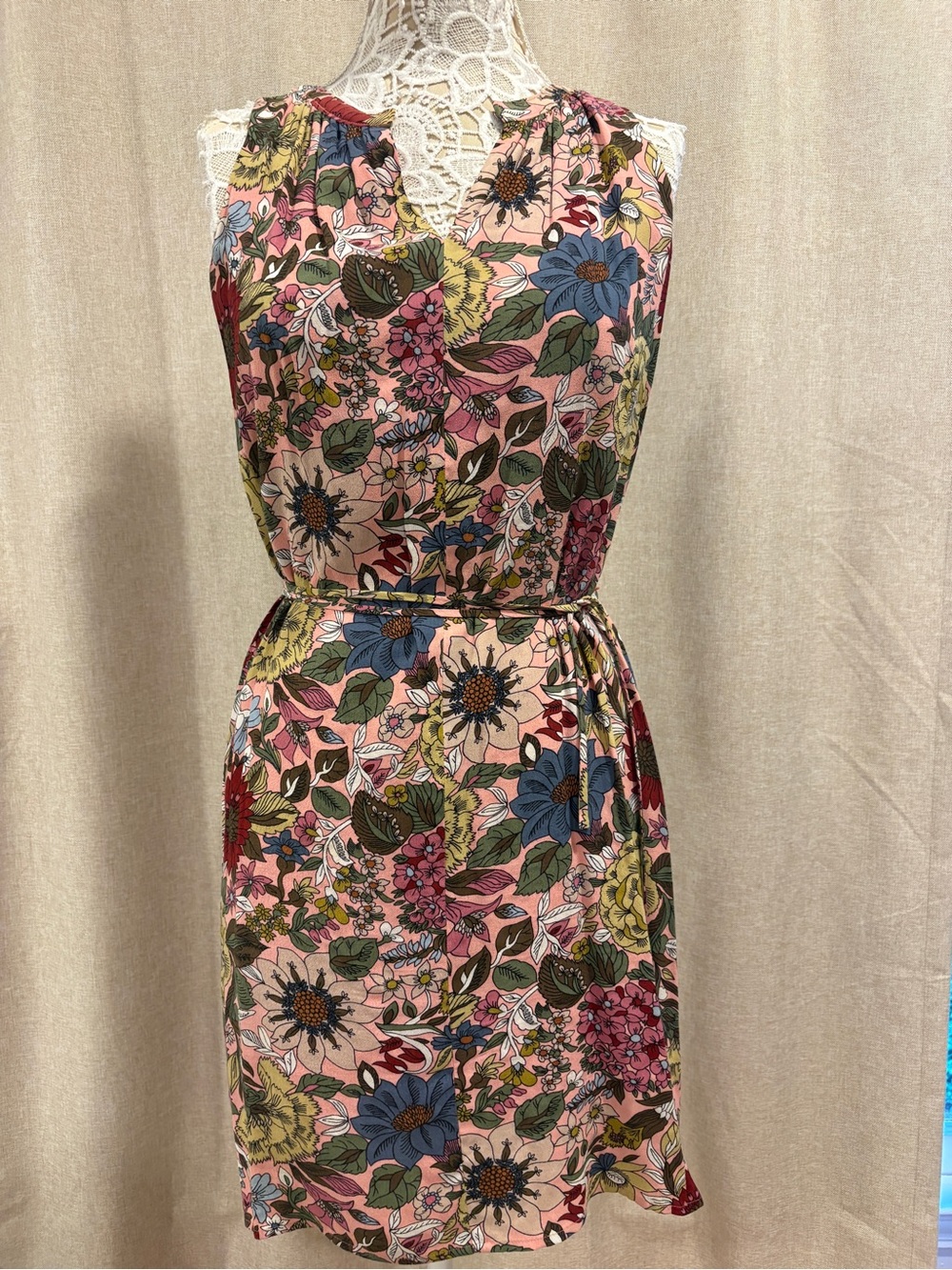 LOFT Pink Floral Sleeveless Tie-Waist Mini Dress